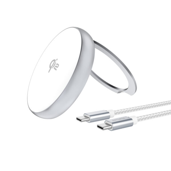 4smarts Qi2 Charger Kickstand silber / weiß (MagSafe kompatibel)